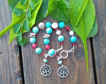 Turquoise Magnesite and silver tree of life BFF bracelet set, jewelry for women, free shipping, gifts for her