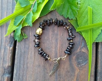 Smoky Quartz and brass angel wing bracelet, jewelry for women, free shipping, gifts for her