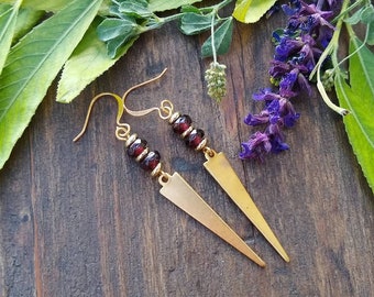 Red Garnet and raw brass arrow earrings, jewelry for women, free shipping, gifts for her