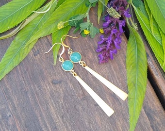 Chalcedony and gold tone raw brass earrings, jewelry for women, free shipping, gifts for her