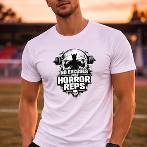 Koszulka Hardcore Gym T-shirt Bez wymówek, tylko horror Reps Koszulka Dark Fitness Koszulka do podnoszenia ciężarów