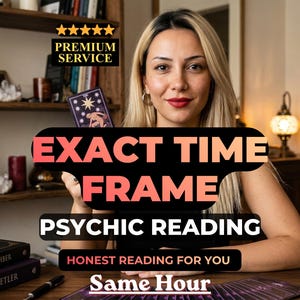Pode incluir: Uma mulher segurando uma carta de tarô com um desenho de estrela. A imagem inclui o texto "EXACT TIME FRAME PSYCHIC READING HONEST READING FOR YOU Same Hour" e "PREMIUM SERVICE".