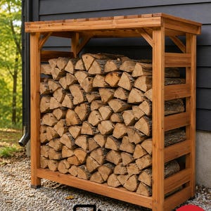 Può includere: Una rastrelliera rettangolare in legno per la legna da ardere con tetto a doghe e lati aperti, riempita di tronchi spaccati impilati. Il testo "Firewood Storage Rack" è visualizzato in arancione in alto, con un'icona PDF e un simbolo di divieto.