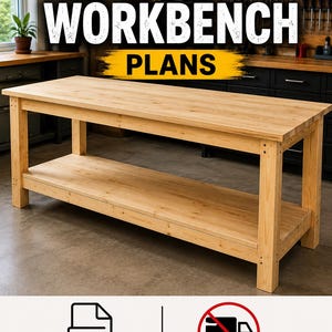 May include: A rectangular wooden workbench with a lower shelf, featuring light brown natural wood grain. The image includes the text DIY WORKBENCH PLANS, a PDF icon, and a no shipping icon with a truck inside a red circle with a diagonal line.