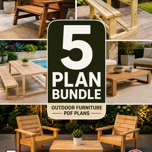Puede incluir: Un paquete digital de 5 planos en PDF para muebles de exterior que incluye diseños de bancos, mesas y sillas de madera. El gráfico central muestra el texto 5 PLAN BUNDLE OUTDOOR FURNITURE PDF PLANS, exhibiendo varios muebles de madera.