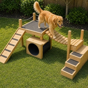 May include: A golden retriever stands on a wooden pet agility course featuring a raised platform with a ramp, a central black tunnel, a connecting bridge, and a set of stairs. The wooden structure includes black non-slip grip strips on the ramp and steps.