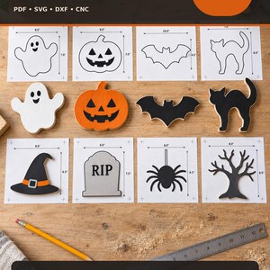 DIY Halloween träutskärningsmallpaket: 8 rullsågmönster, PDF SVG DxF CnC