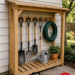 Könnte beinhalten: Ein hölzernes Gartenwerkzeug-Aufbewahrungsregal mit Schrägdach, ausgestattet mit Haken zum Aufhängen von Schaufeln, einer Grabgabel, einem Rechen und einem grünen Gartenschlauch. Eine Metallgießkanne und eine Topfpflanze stehen auf dem Lattenboden.