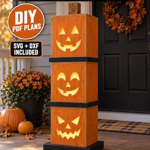 May include: A digital download for stacked jack-o'-lantern porch tower plans. The image shows a vertical wooden tower with three square orange sections, each featuring a unique carved face, separated by black trim, with the text "STACKED JACK-O'-LANTERN PORCH TOWER PLANS", "DIY PDF PLANS", "SVG + DXF INCLUDED", and "DIGITAL DOWNLOAD • NO PHYSICAL ITEM".