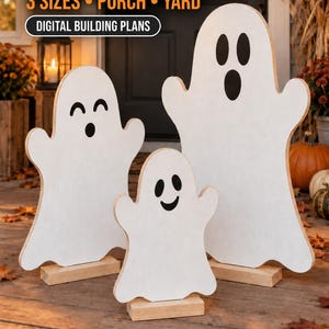 May include: A trio of white wooden ghost cutouts with black facial features, including eyes and mouths, standing on rectangular wooden bases. The text reads: WOODEN GHOST FAMILY TRIO, 3 SIZES, PORCH, YARD, DIGITAL BUILDING PLANS.