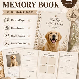 Op de afbeelding: Een digitaal huisdierherinneringsboek met 43 printbare pagina's, voorzien van een golden retriever op de omslag. De set bevat sjablonen voor informatie, verhalen, foto's en gezondheidsgegevens in een neutraal beige kleurenpalet.
