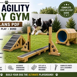 Piani per percorso di agility per cani fai da te in PDF / Set di attrezzature per l'addestramento del cane in giardino / Tunnel con rampa di salto e trave di equilibrio / Parco giochi per cani all'aperto / area giochi per cani