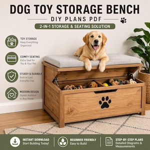 Può includere: Panca portaoggetti per giocattoli per cani in legno con seduta imbottita grigia. La panca ha un coperchio sollevabile che rivela lo spazio di archiviazione pieno di giocattoli per cani. Un cane golden retriever è seduto sulla panca. La panca ha un design a impronta di zampa.