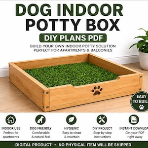 May include: A wooden dog potty box with a green artificial grass insert. The box has a paw print design and the text "DOG INDOOR POTTY BOX DIY PLANS PDF". The product is described as easy to build and perfect for apartments and balconies.