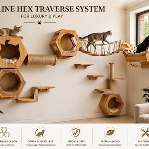 Puede incluir: Un sistema de escalada para gatos de madera con múltiples plataformas hexagonales, un puente de cuerda y un rascador. El sistema está diseñado para el lujo y el juego, con gatos descansando en las plataformas. Hecho de madera de primera calidad.