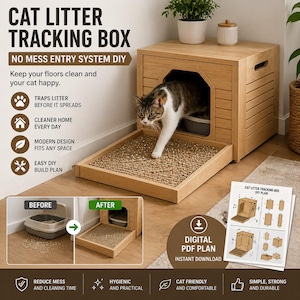 Könnte beinhalten: Eine Katzenstreu-Tracking-Box aus Holz mit einer Katze, die den Eingang verlässt. Die Box hat eine ausziehbare Ablage mit strukturierter Oberfläche. Der Text auf dem Bild lautet "CAT LITTER TRACKING BOX" und "NO MESS ENTRY SYSTEM DIY". Ein digitaler PDF-Plan ist ebenfalls abgebildet.