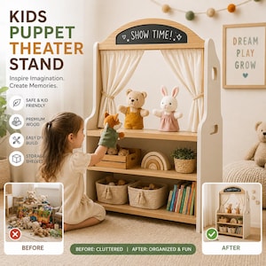 Könnte beinhalten: Ein Puppentheaterständer aus Holz mit Regalen, Vorhängen und dem Text "SHOW TIME!". Der Ständer zeigt ein Kind, das mit Puppen spielt, und enthält Stofftiere, Bücher und Aufbewahrungskörbe. Der Ständer ist für Kinder konzipiert und aus hochwertigem Holz gefertigt.