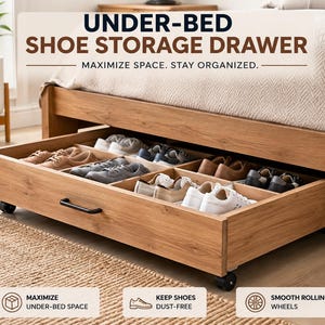 May include: A wooden under-bed shoe storage drawer, filled with shoes, on wheels. The drawer has a black handle and multiple compartments. Text on the image reads: "UNDER-BED SHOE STORAGE DRAWER. MAXIMIZE SPACE. STAY ORGANIZED."