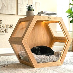 Cama cueva hexagonal moderna para gatos / Planos de casita de madera para gatos (Descarga en PDF)