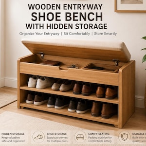Peut inclure: Banc à chaussures d'entrée en bois avec rangement caché. Le banc brun clair a un siège rembourré qui se soulève pour révéler le rangement. En dessous, deux étagères remplies de chaussures. Le texte dit : Organisez votre entrée | Asseyez-vous confortablement | Rangez intelligemment.