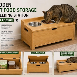 May include: A light brown wooden cat food storage and feeding station with two stainless steel bowls. A tabby cat is eating from one bowl. The station has a hidden storage compartment and an easy access lid.