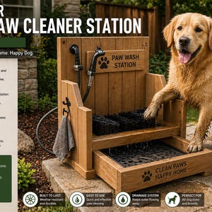 May include: Wooden outdoor dog paw cleaner station with a golden retriever. The station has a brush, water hose, and a tray. Text on the station reads "PAW WASH STATION" and "CLEAN PAWS HAPPY HOME".