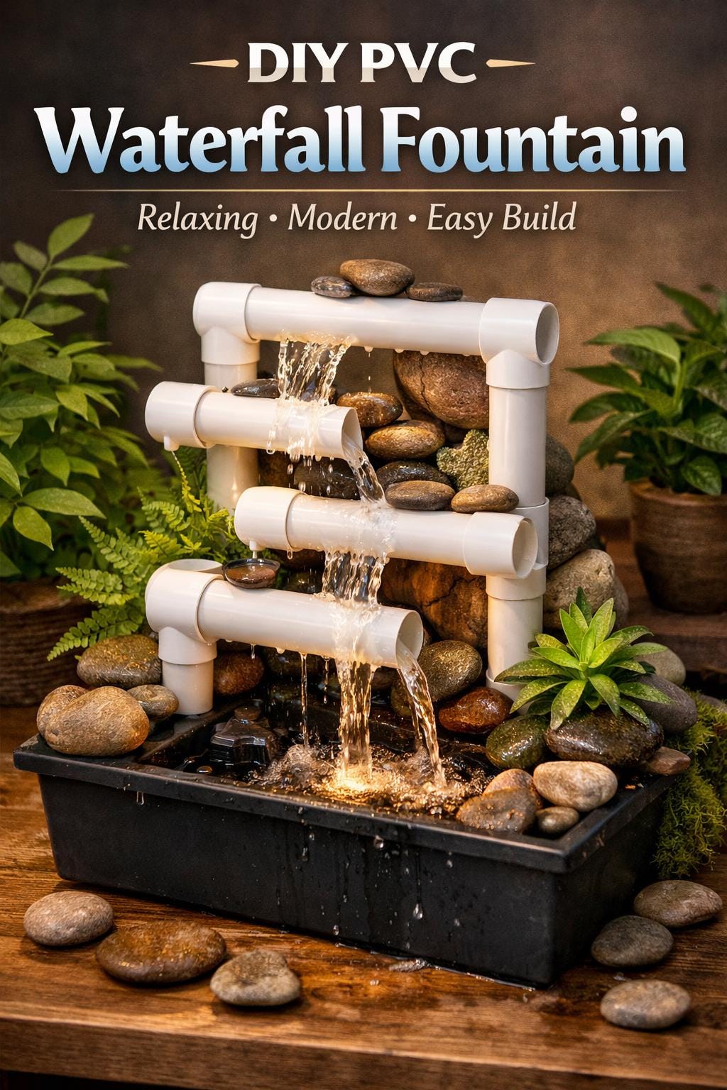 DIY PVC Waterfall Fountain Plan | Modern Relaxing Water Feature ...