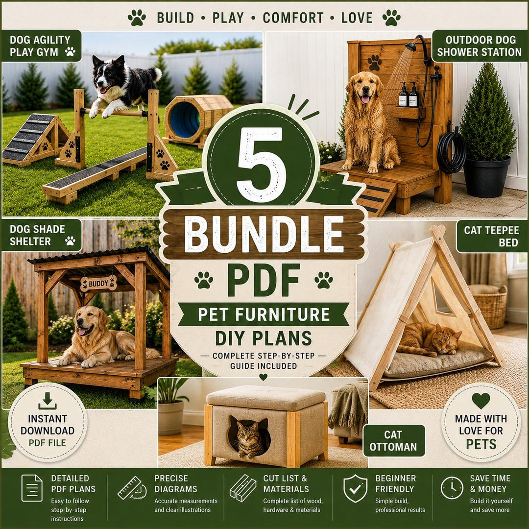 5 DIY Pet Furniture Plans Bundle PDF | Dog Agility Course, Dog Shower ...