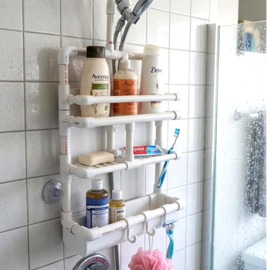 DIY PVC Shower Caddy Plans | Bathroom Organizer Rack, Space Saving ...