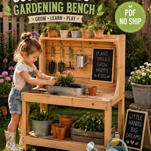May include: A wooden outdoor kids' gardening bench with the text "OUTDOOR KIDS GARDENING BENCH" and "GROW LEARN PLAY". The bench has a chalkboard with the text "PLANT SMILES GROW HAPPY KIDS" and a small sign that says "LITTLE HANDS BIG DREAMS".
