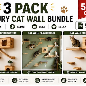 Könnte beinhalten: Ein 3er-Pack luxuriöser Katzenwandmöbel-Sets. Jedes Set enthält Holzplattformen, -wohnungen und Kletterstrukturen. Das Bild zeigt Katzen, die die Möbel benutzen. Der Text enthält "3 PACK", "Luxury Cat Wall Bundle" und "50% OFF".
