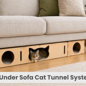 Puede incluir: Un sistema de túnel para gatos debajo del sofá de madera con una abertura en forma de gato y dos aberturas circulares. Un gato atigrado está dentro de la abertura en forma de gato. El texto "Under Sofa Cat Tunnel System" está en la parte inferior.