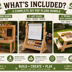 以下が含まれることがあります： 「WHAT'S INCLUDED?」のテキストと、ガーデニングベンチ、イーゼル、砂場付きピクニックテーブルの3つのDIYプランを示すグラフィック。デジタルPDFプラン、即時アクセス、子供向けの初心者向け説明書が記載されています。