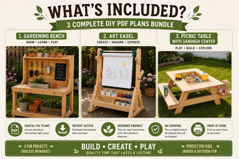 以下が含まれることがあります： 「WHAT'S INCLUDED?」のテキストと、ガーデニングベンチ、イーゼル、砂場付きピクニックテーブルの3つのDIYプランを示すグラフィック。デジタルPDFプラン、即時アクセス、子供向けの初心者向け説明書が記載されています。