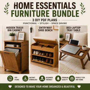 Puede incluir: Un conjunto de planos de muebles para el hogar, que incluye un armario para botes de basura ocultos, un banco para zapatos de entrada y una mesa de bandeja para computadora portátil. Los muebles son de madera y están diseñados para ser funcionales y elegantes. El texto "Home Essentials Furniture Bundle" está incluido.