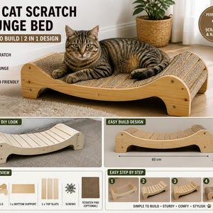 May include: A DIY cat scratch lounge bed with a cat resting on it. The bed is made of wood and cardboard, with the text "DIY CAT SCRATCH LOUNGE BED" at the top. The bed is 60 cm long, 30 cm wide, and 20 cm high.