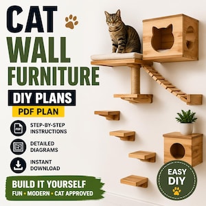 Peut inclure: Mobilier mural pour chat en bois avec un chat assis sur une plateforme. La conception comprend une maison en forme de chat, des marches et un griffoir. Le texte "CAT WALL FURNITURE DIY PLANS" est également inclus.