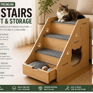 May include: Wooden cat stairs with a hideout and storage drawer. The stairs have grey carpeted steps and paw print cutouts. A cat is resting on the top step. The stairs are a 2-in-1 solution for a happy cat.