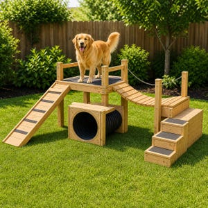 Könnte beinhalten: Ein Hunde-Agility-Parcours aus Holz mit einem Golden Retriever, der obenauf steht. Der Parcours umfasst eine Rampe, einen Tunnel, eine Brücke und Stufen. Die Struktur besteht aus hellem Holz und steht auf einem grünen Rasen.