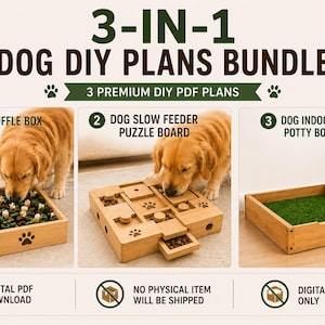 Op de afbeelding: Een afbeelding die een 3-in-1 Dog DIY Plans Bundle promoot. Het toont een hond met drie houten speeltjes: een snuffelbox, een slow feeder puzzelbord en een indoor potty box. De tekst luidt "3 Premium DIY PDF Plannen."