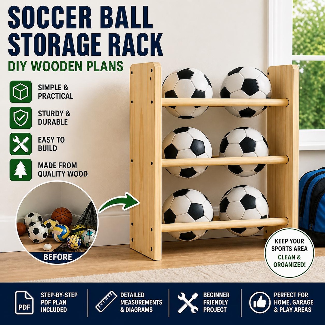 Soccer Clean Rack DIY Soccer Ball Storage Rack Plans PDF | Wooden Sports Ball Organizer ...