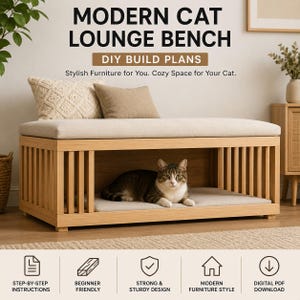 May include: A modern cat lounge bench made of light wood, with a beige cushion on top and a cozy cat bed underneath. The bench has vertical slats on the sides. The text reads "MODERN CAT LOUNGE BENCH" and "DIY BUILD PLANS".