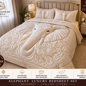 Elephant King Size Bedsheet Set | 11D Faux Weaving Digital Print, 108x108 Inches