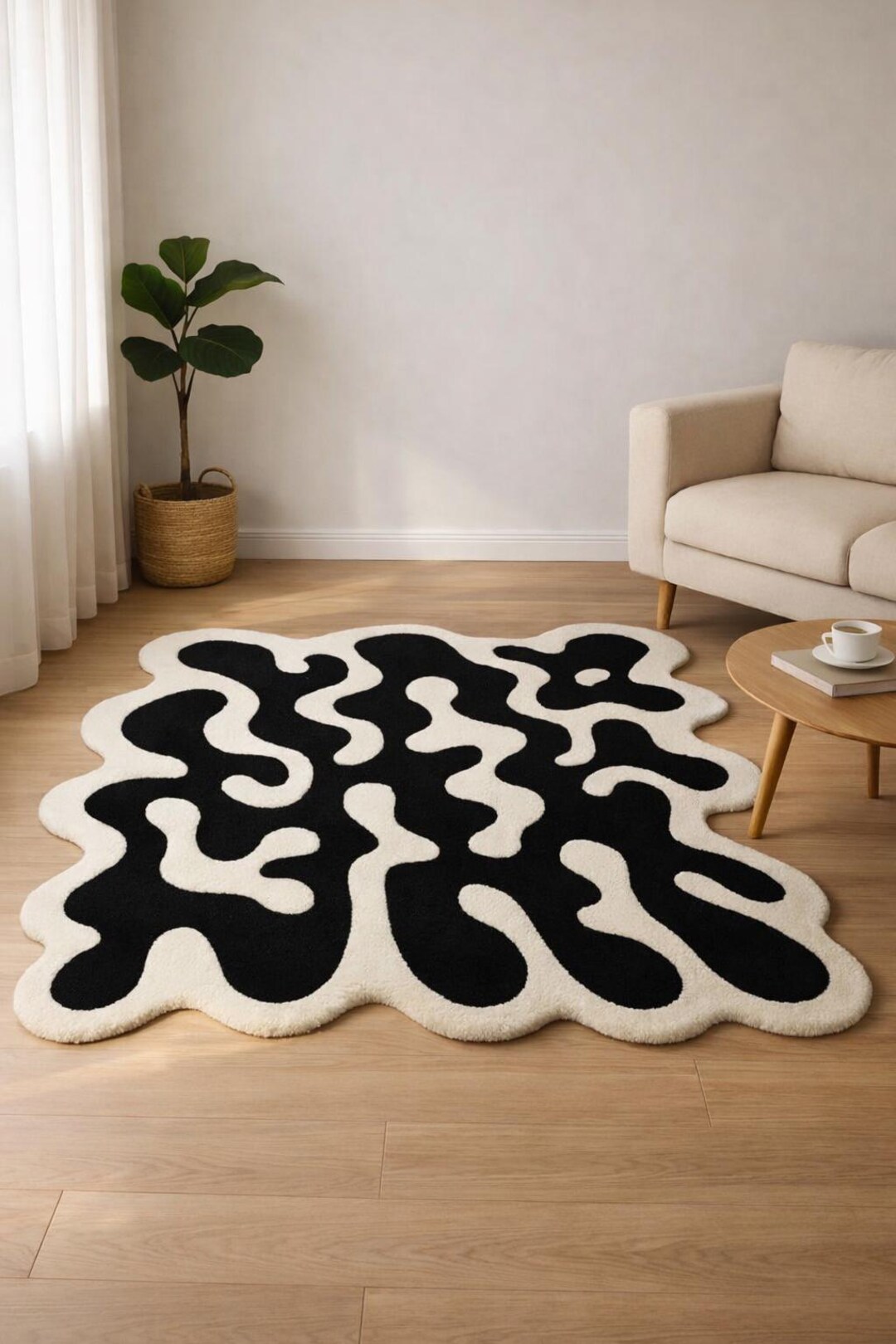 Modern Abstract Black & White Rug – Irregular Organic Shape Soft Plush ...