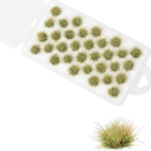 Könnte beinhalten: Ein durchsichtiger Kunststoffbehälter gefüllt mit kleinen, runden Büscheln aus künstlichem Gras. Das Gras ist eine Mischung aus Grün und Braun, und der Behälter ist offen, wodurch der Inhalt sichtbar wird. Ein einzelnes Grasbüschel befindet sich außerhalb des Behälters.