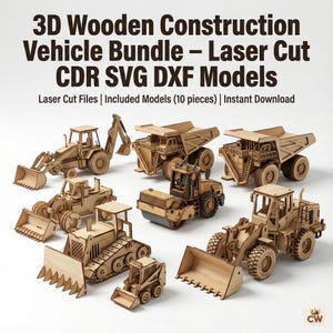 3D Holz MDF Baustellenfahrzeug Puzzle Bundle - Laser geschnitten CDR SVG Dxf Modelle