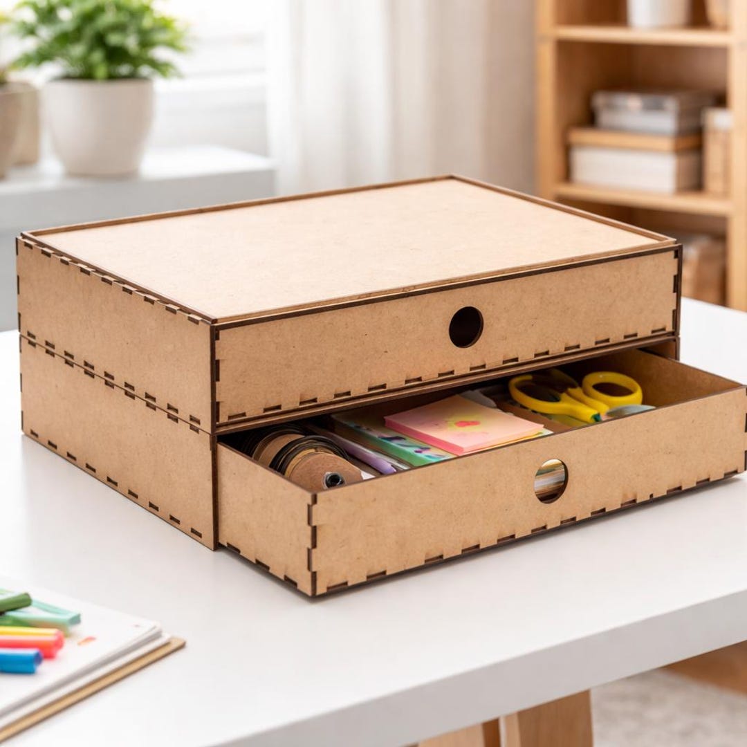 Storage Box Laser Cut SVG CDR DXF — Wooden Desk Organizer 3 5 Drawer ...