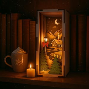 May include: A lit Christmas-themed diorama featuring a cabin, trees, and a street lamp with a red bow. A mug with whipped cream and a snowflake design sits next to a lit candle. The scene is set against a backdrop of books.