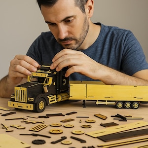 Può includere: Una persona che assembla un modello di camion in legno. Il modello è nero e giallo, con dettagli precisi. Vari pezzi di legno sono sparsi sul tavolo, suggerendo un progetto fai-da-te o un'attività amatoriale. Il camion ha un rimorchio.