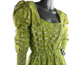 Vintage 1970’S Chartreuse Gown With Silver Metallic Overlay, Renaissance Inspired Size Medium